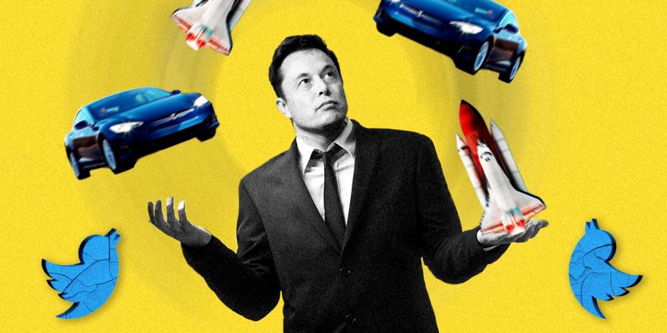 Elon musk juggling a Tesla car and rocket, with Twitter logos falling behind 2x1