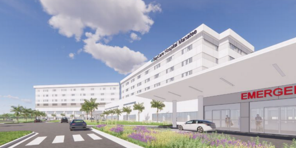 A rendering provided by BayCare shows the hospital planned for Manatee County’s North River area. The lettering on the building says BayCare Hospital Manatee.