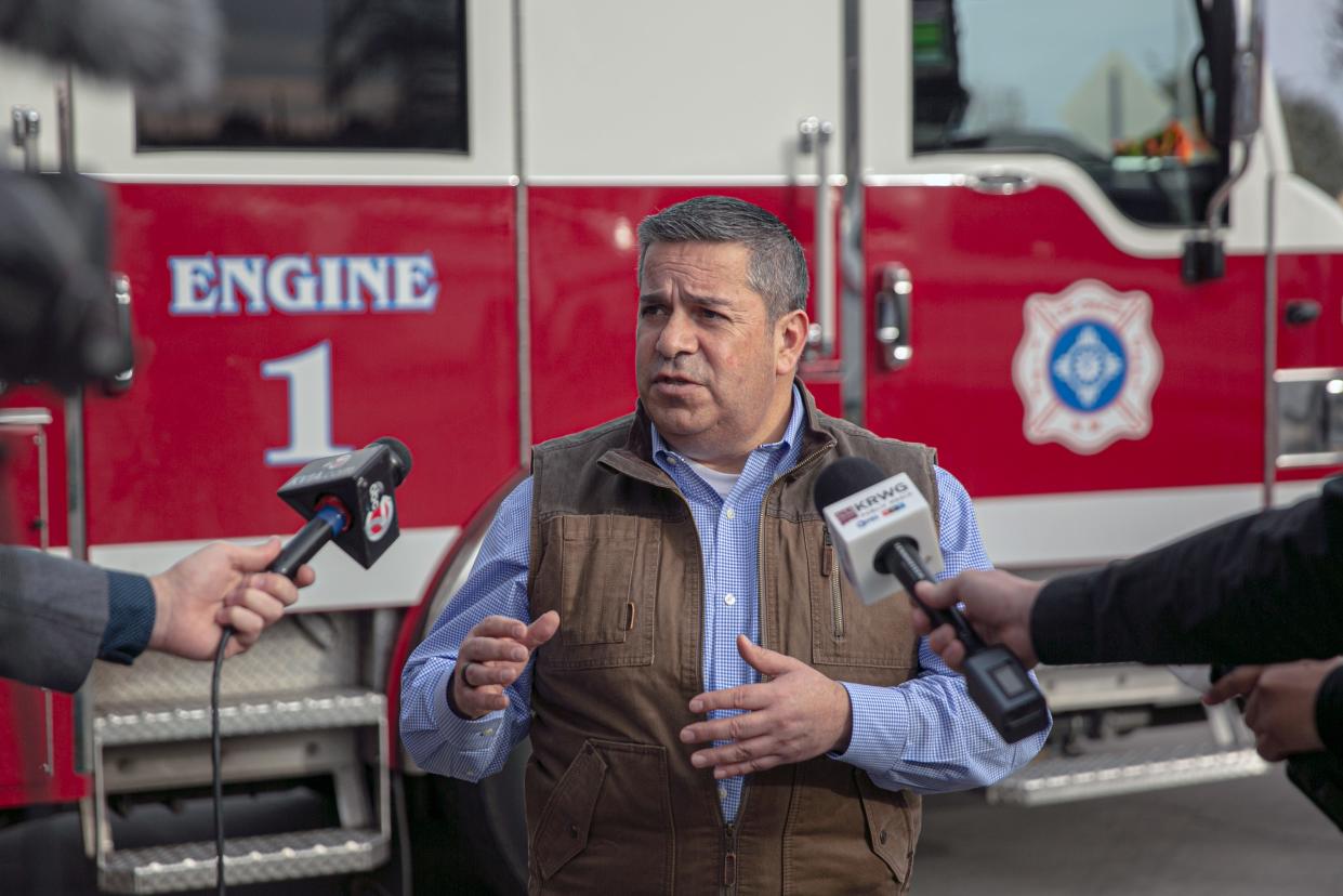 U.S. Sen. Ben Ray Luján answers media questions outside the Las cruces fire Department headquarters on Jan. 11, 2023.