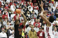 Southern California forward Joshua Morgan, left, shoots in front of Washington State center Dishon Jackson during the first half of an NCAA college basketball game, Saturday, Dec. 4, 2021, in Pullman, Wash. (AP Photo/Young Kwak)