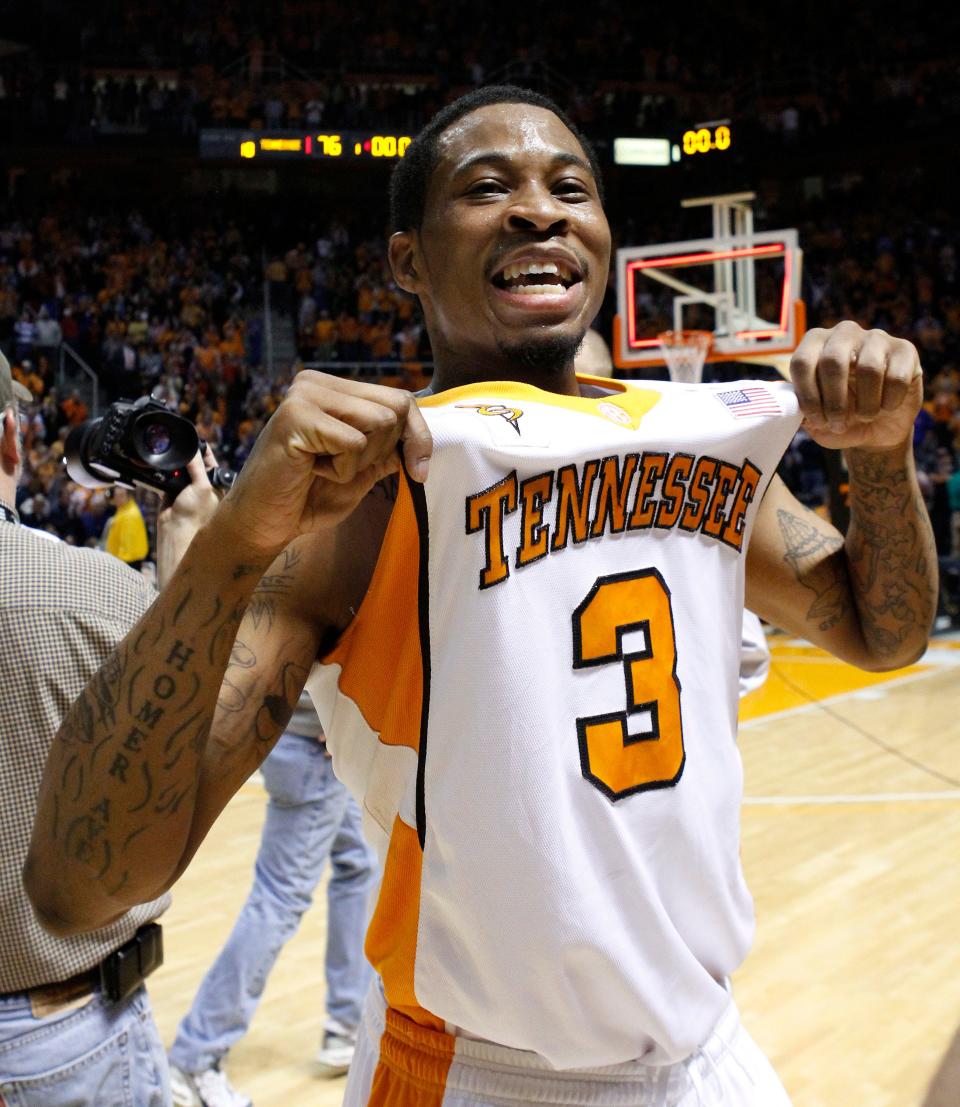 Tennessee's Bobby Maze celebrates the team's 76-68 win over No. 1-ranked Kansas on Jan. 10, 2010, in Knoxville. (AP Photo/Lisa Norman-Hudson)