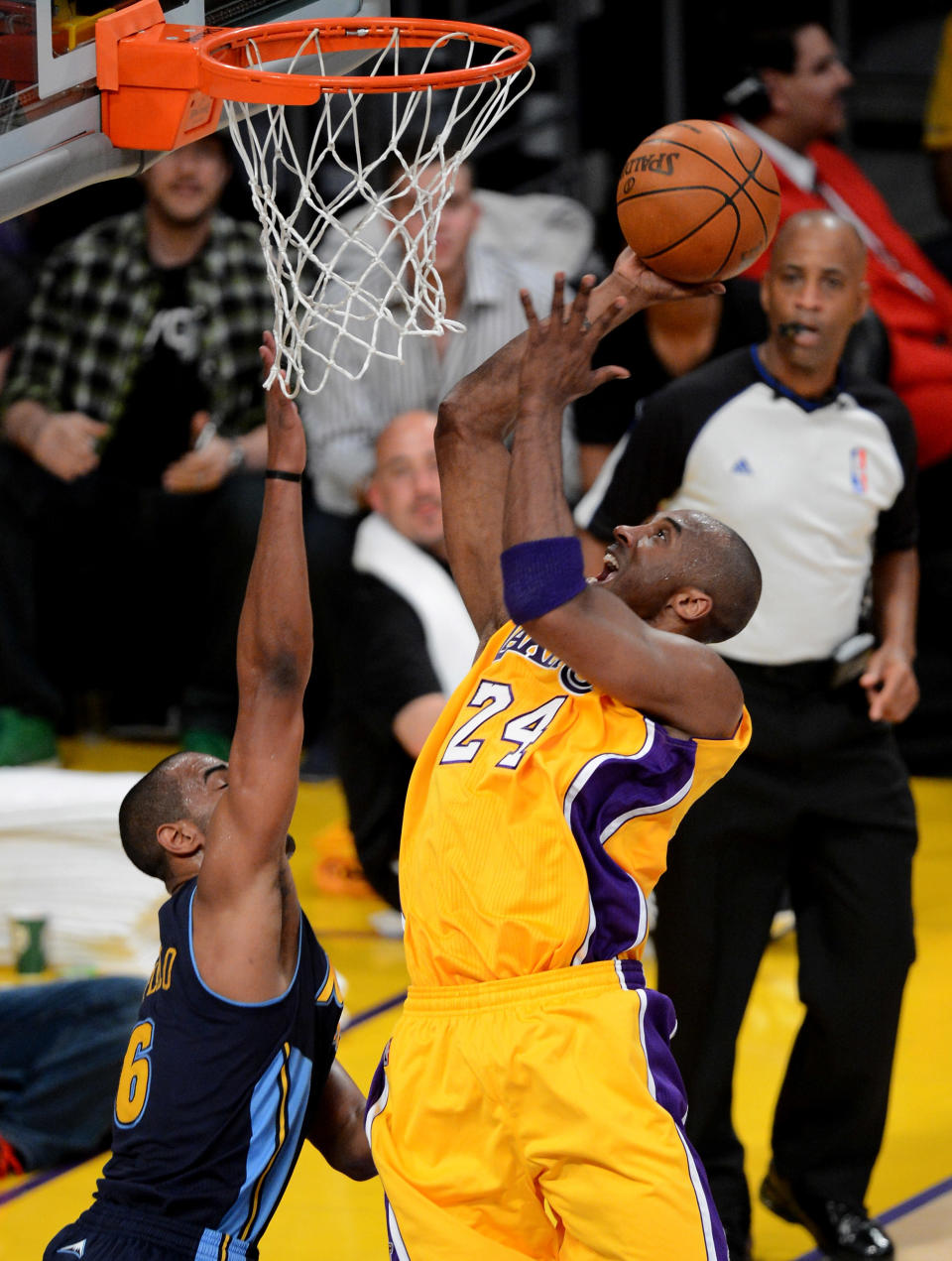 LOS ANGELES, CA - MAY 12: Kobe Bryant #24 of the Los Angeles Lakers shoots the ball over Arron Afflalo #6 of the Denver Nuggets in the first half in Game Seven of the Western Conference Quarterfinals in the 2012 NBA Playoffs on May 12, 2012 at Staples Center in Los Angeles, California. NOTE TO USER: User expressly acknowledges and agrees that, by downloading and or using this photograph, User is consenting to the terms and conditions of the Getty Images License Agreement. (Photo by Kevork Djansezian/Getty Images)