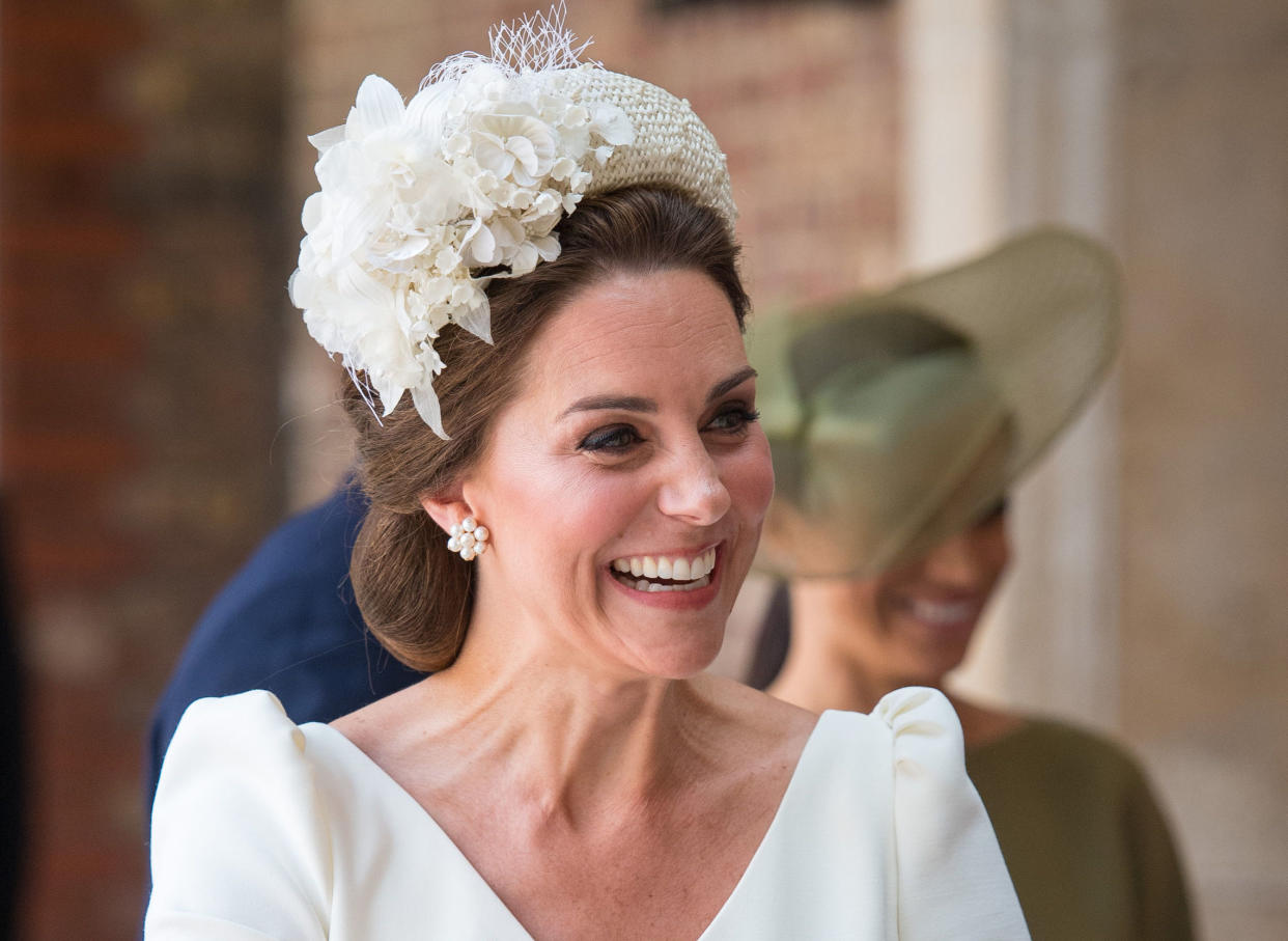 The Duchess of Cambridge looks to Alexander McQueen for the third time at Prince Louis’ christening [Photo: Getty]