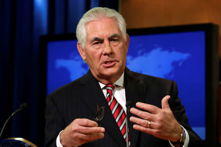 U.S. Secretary of State Rex Tillerson speaks at a press briefing at the State Department in Washington, U.S., August 22, 2017. REUTERS/Yuri Gripas