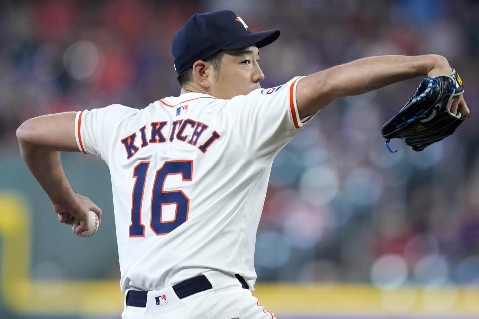 Houston Astros starting pitcher Yusei Kikuchi throws against the Arizona Diamondbacks during the first inning of a baseball game, Saturday, Sept. 7, 2024, in Houston. (AP Photo/Eric Christian Smith)