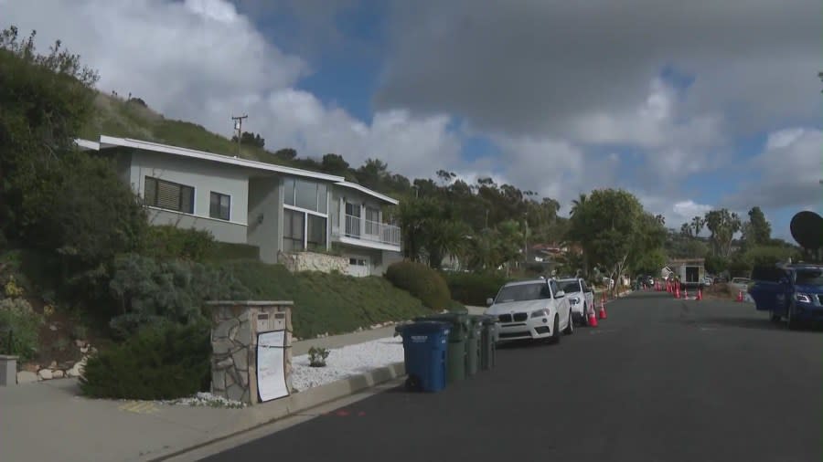 Following a destructive rainstorm that pummeled Southern California, a massive landslide is threatening a neighborhood in Rancho Palos Verdes on Feb. 8, 2024. (KTLA)