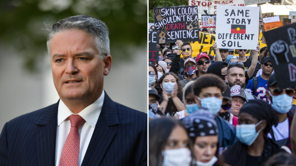 Mathias Cormann (L) said the Black Lives Matter protests were 'incredibly selfish' and 'incredibly self-indulgent'.