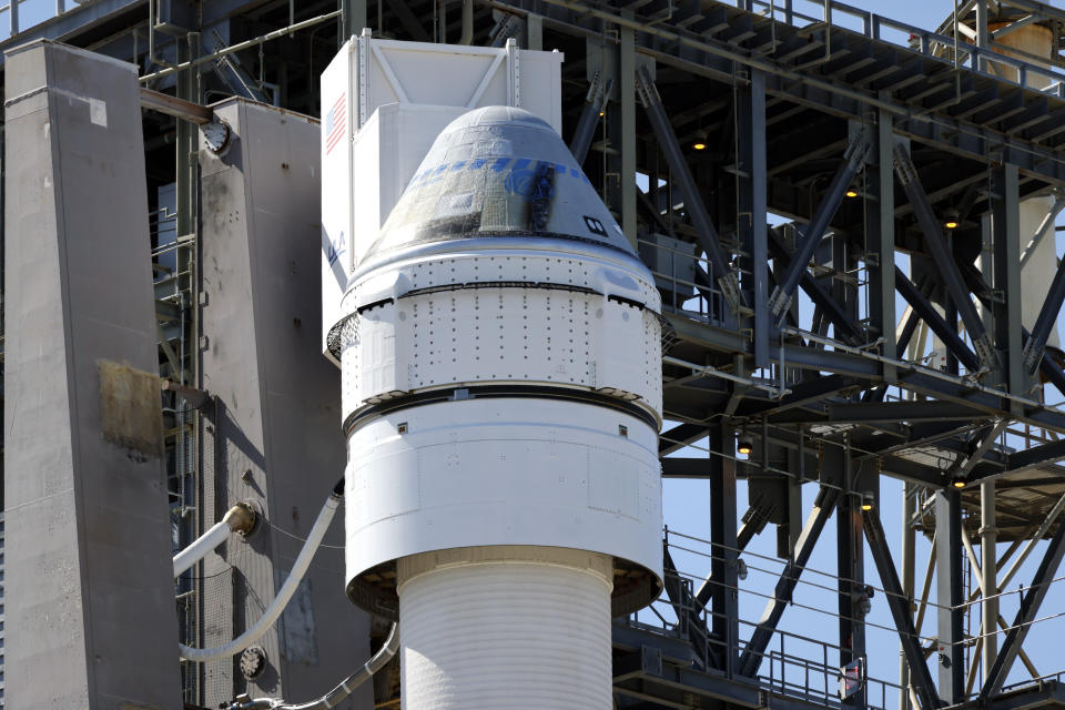 Boeing's Starliner capsule atop an Atlas V rocket stands ready for its upcoming mission at Space Launch Complex 41 at the Cape Canaveral Space Force Station, Sunday, May 5, 2024, in Cape Canaveral, Fla. Launch is scheduled for Monday evening. (AP Photo/Terry Renna)