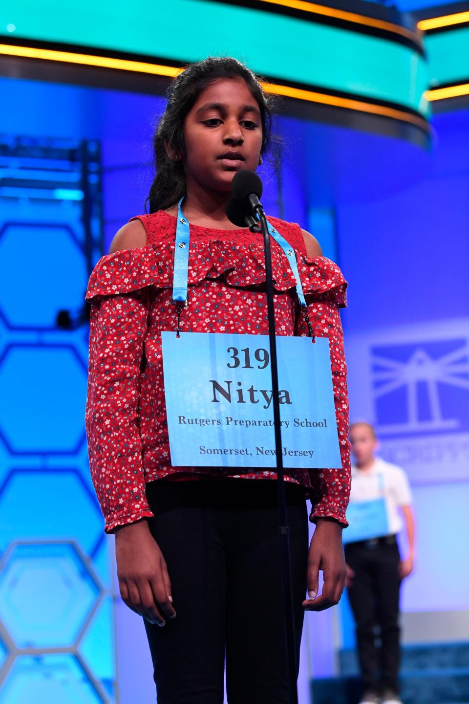 Nitya Kathiravan of Franklin spelled the word "Reiki" correctly during the 2019 Scripps National Spelling Bee at Gaylord National Resort and Convention Center in Maryland.