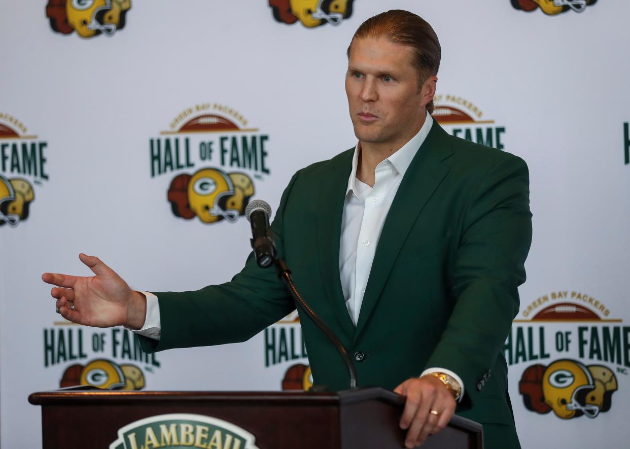 Former Green Bay Packers linebacker Clay Matthews speaks during a press conference before the 2024 Packers Hall of Fame induction banquet on Thursday at Lambeau Field in Green Bay.