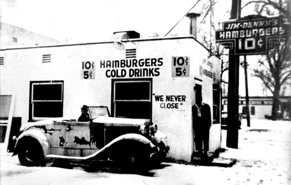 The exterior of Jim-Denny’s Hamburgers hasn’t changed much over the years, as this photograph taken after a snowfall in 1940s shows.