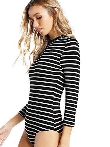 5) DIDK Women's Mock Neck Slim Striped Bodysuit