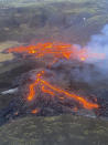 This image provided by the Icelandic Coast Guard shows a volcano on the Reykjanes Peninsula in southwestern Iceland on Saturday March 20, 2021. A long dormant volcano on the Reykjanes Peninsula flared to life Friday night, spilling lava down two sides in that area's first volcanic eruption in nearly 800 years. Initial aerial footage, posted on the Facebook page of the Icelandic Meteorological Office, showed a relatively small eruption so far, with two streams of lava running in opposite directions. (Icelandic Coast Guard via AP)