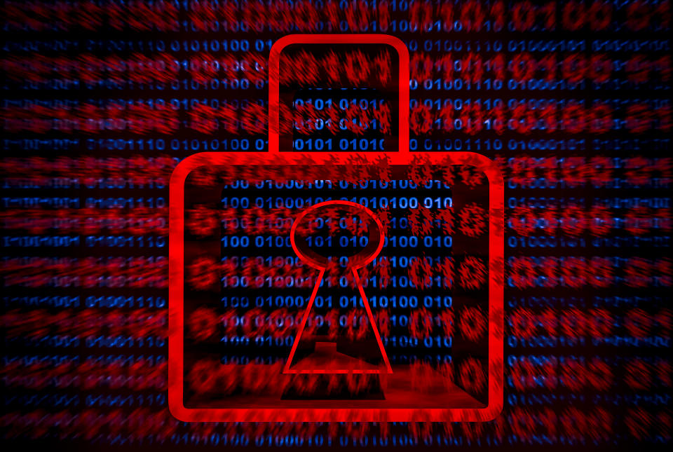 Illustration, 3D red padlock on blue, red binary code on screen background. Computer security, internet connection technology and ransomware in concepts.