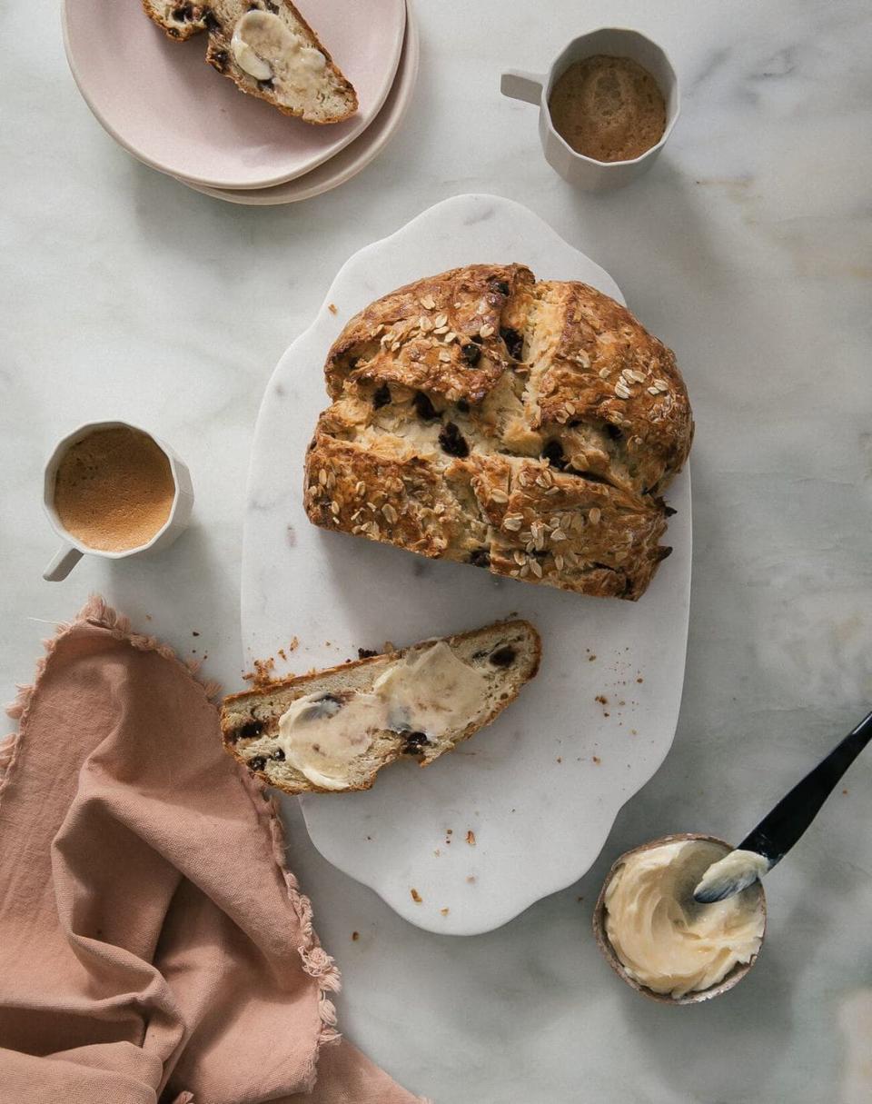 <p>An Irish person might raise their eyebrows at this chocolate-studded soda bread, but we’re very into it. </p><p>Get the <strong><a href="https://www.acozykitchen.com/irish-soda-bread-reworked" rel="nofollow noopener" target="_blank" data-ylk="slk:Chocolate Chip Irish Soda Bread recipe;elm:context_link;itc:0;sec:content-canvas" class="link ">Chocolate Chip Irish Soda Bread recipe</a> </strong>from A Cozy Kitchen.</p>