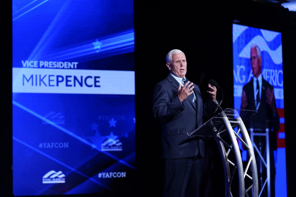 Former Vice President Mike Pence speaks at the Young America's Foundation's National Conservative Student Conference, Tuesday, July 26, 2022, in Washington. (AP Photo/Patrick Semansky)