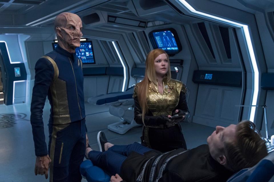 From left to right: Doug Jones as Saru and Mary Wiseman as Cadet Sylvia Tilly in "Star Trek: Discovery" Episode 11, "The Wolf Inside." <cite>Ben Mark Holzberg/CBS © 2017</cite>