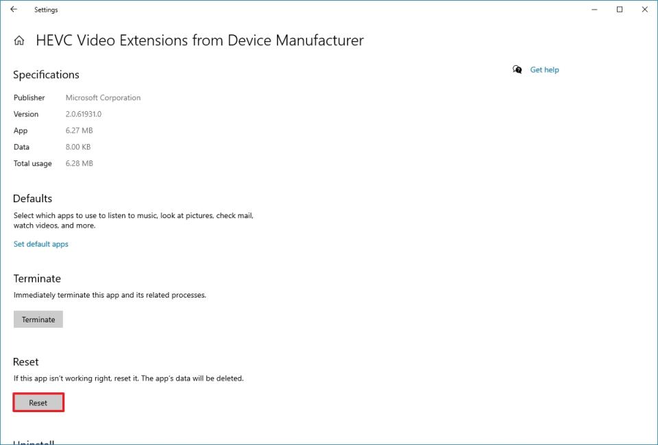 Reset HEVC to fix problems on Windows 10