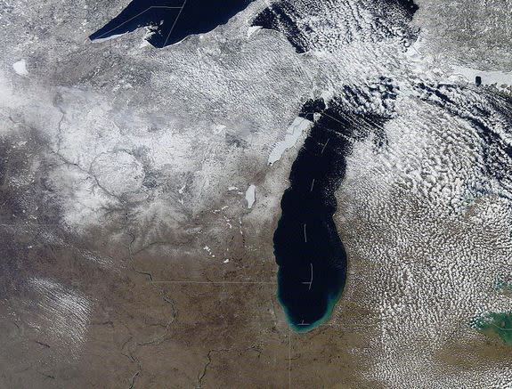 Snow covering the Lake Michigan area on April 2, 2013.