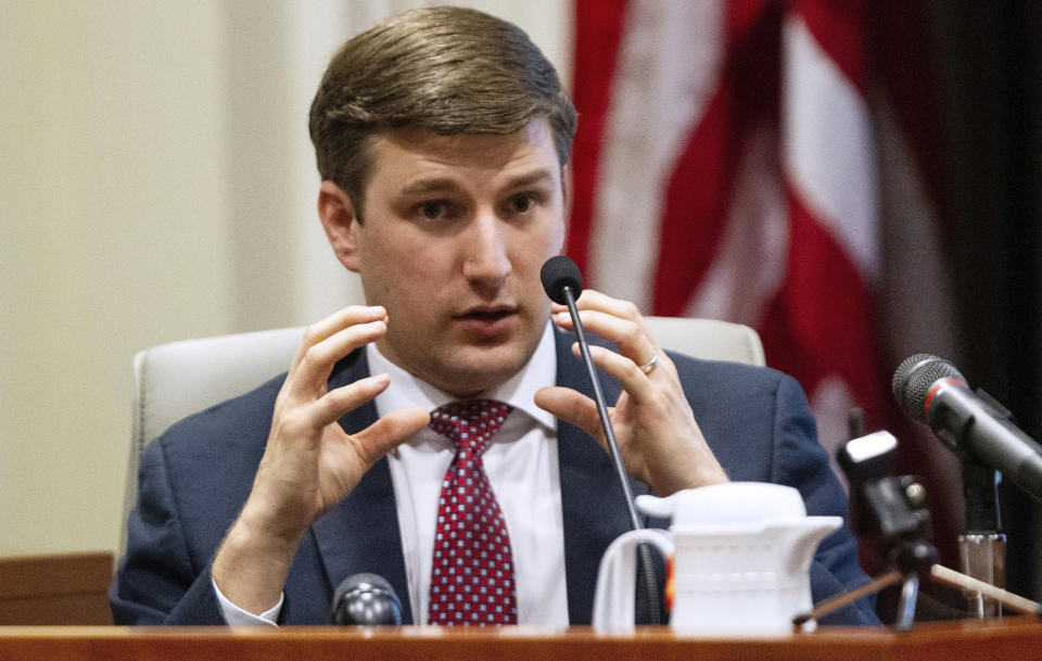 John Harris, the son of Mark Harris, testifies during the third day of a public evidentiary hearing on the 9th Congressional District voting irregularities investigation Wednesday, Feb. 20, 2019, at the North Carolina State Bar in Raleigh. (Travis Long/The News & Observer via AP, Pool)