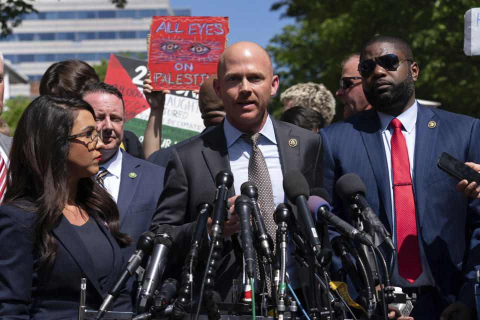 FILE - Rep. William Timmons, R-S.C., accompanied by other members of Congress, speaks to the media after they toured the George Washington University students encampment as they protest over the Israel-Hamas war, Wednesday, May 1, 2024, in Washington. (AP Photo/Jose Luis Magana, File)