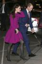 <p>The Duchess of Cambridge wears an Oscar de la Renta purple skirt suit, black tights, black pumps and a clutch while attending the Guild of Health Writers Conference with Prince William.</p>