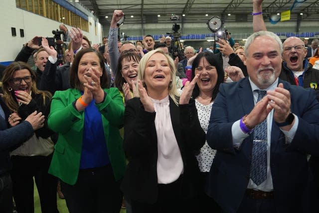 Sinn Fein’s Mary Lou McDonald and Michelle O’Neill celebrate the election of Pat Cullen