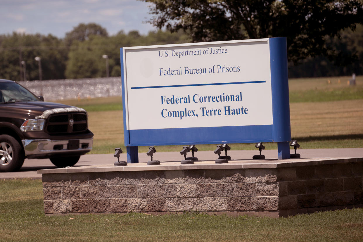 TERRE HAUTE, INDIANA - JULY 13: A sign sits at the entrance of the Federal Correctional Complex where Daniel Lewis Lee is scheduled to be executed on July 13, 2020 in Terre Haute, Indiana. Lee was convicted and sentenced to die for the 1996 killings in Arkansas of gun dealer William Mueller, his wife Nancy, and her 8-year-old daughter Sarah. He is scheduled to be the first federal prisoner put to death since 2003.  (Photo by Scott Olson/Getty Images)