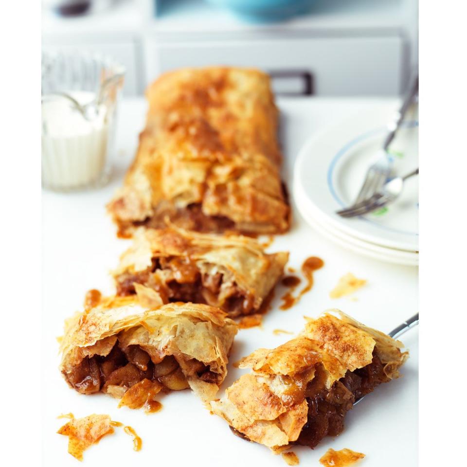 <p>A classic apple strudel recipe can't be beaten! With shop-bought filo pastry, it's easy to make, too.</p><p><strong>Recipe: <a href="https://www.goodhousekeeping.com/uk/food/recipes/a556542/easy-apple-strudel/" rel="nofollow noopener" target="_blank" data-ylk="slk:Easy apple strudel;elm:context_link;itc:0;sec:content-canvas" class="link ">Easy apple strudel</a></strong></p>