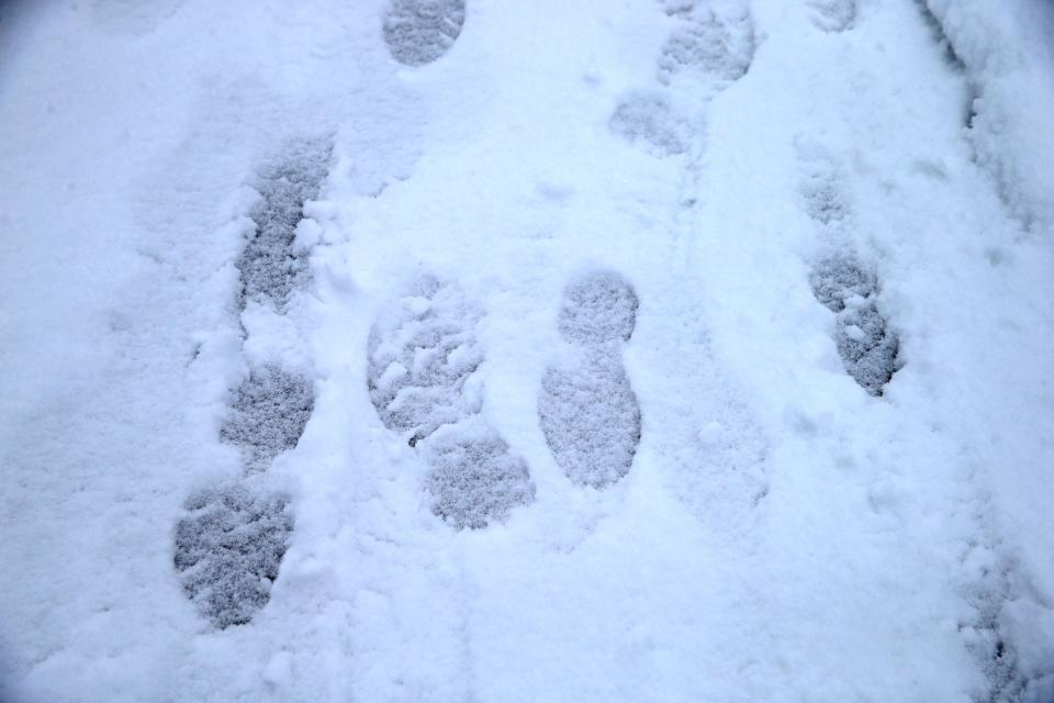 Shoe prints are seen in the snow on a sidewalk Tuesday, Jan. 9, 2024 in Iowa City, Iowa.