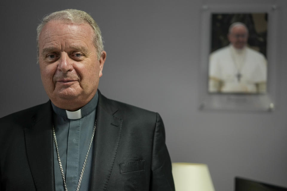 Newly named cardinal Arrigo Miglio poses for a photo, during a press conference at the Vatican, Saturday, Aug. 27, 2022. Pope Francis will formally expand the ranks of churchmen now eligible to vote for his successor in case he dies or resigns. Of the 20 churchmen being raised to cardinal’s rank on Saturday in the ceremony known as a consistory in St. Peter’s Basilica, 16 are younger than 80 and thus, according to church law, could participate in a conclave – a ritual-shrouded, locked-door assembly of cardinals who cast paper ballots to elect a new pontiff. (AP Photo/Andrew Medichini)