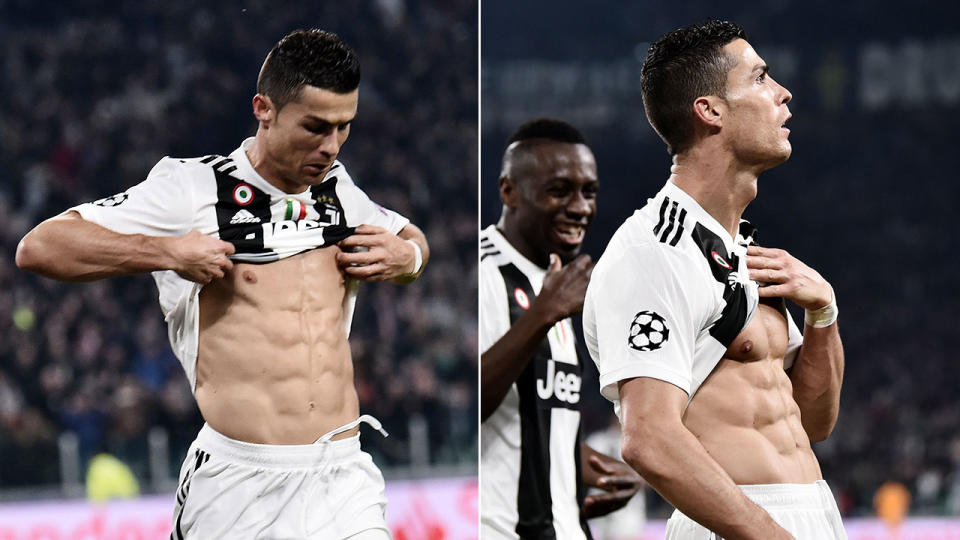 Juventus’ Portuguese forward Cristiano Ronaldo shows his six-pack as he celebrates after opening the scoring during the UEFA Champions League group H football match Juventus vs Manchester United at the Allianz stadium in Turin on November 7, 2018. (Photo by Marco BERTORELLO / AFP) (Photo credit should read MARCO BERTORELLO/AFP/Getty Images)