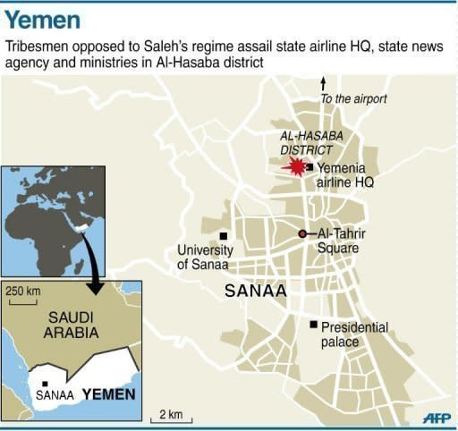 A map of the Yemeni capital Sanaa locating areas assailed by tribesmen opposed to the ruling regime. Security forces in the Yemeni capital battled heavily armed supporters of the country's most powerful tribal leader on Thursday as President Ali Abdullah Saleh ordered the tribesman's arrest