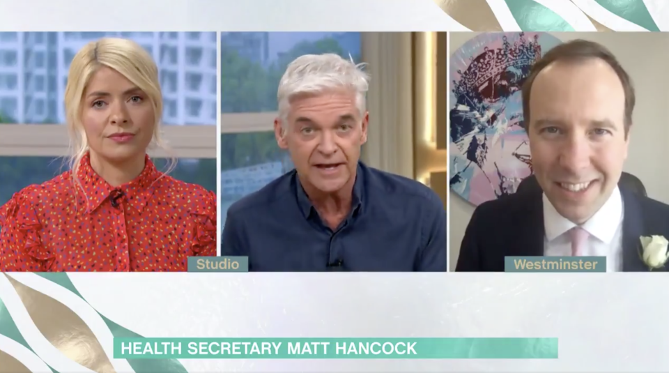 Matt Hancock told Philip Schofield and Holly Willoughby that Brits are unlikely to be allowed to go abroad for their summer holiday this year (ITV/This Morning/Twitter)