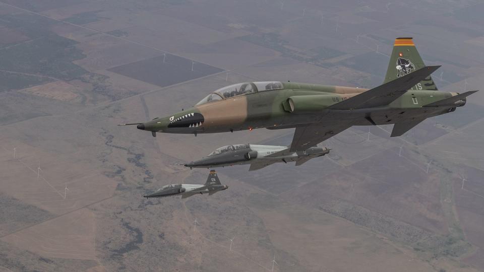 Instructor pilots assigned to the Euro-NATO Joint Jet Pilot Training program operate U.S. Air Force T-38C Talon aircraft above Wichita Falls, Texas, July 21, 2022.  ENJJPT, conducted by the 80th Flying Training Wing, is the world's only multi-nationally manned and managed flying training program chartered to produce combat pilots for NATO. (Staff Sgt. Joseph Pick/Air Force)