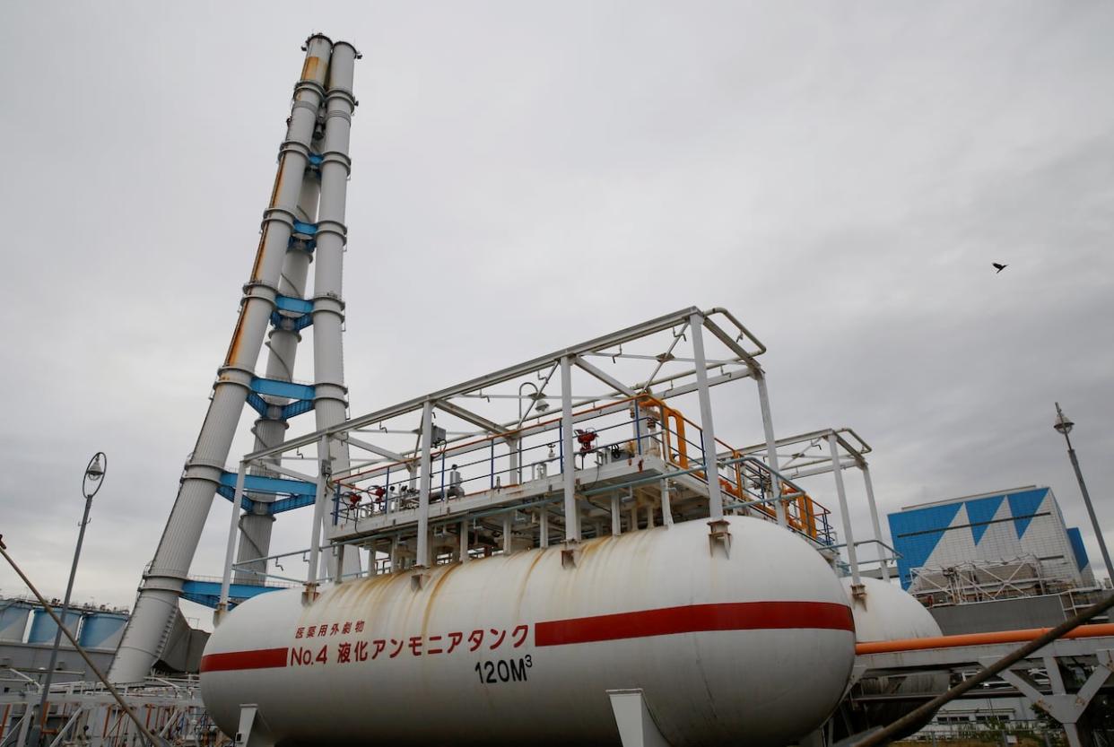 An ammonia tank is pictured at JERA's Hekinan thermal power station in Hekinan, Japan, in 2021. Japan's need for ammonia could present an opening for resource-rich countries like Canada. (Yuka Obayashi/Reuters - image credit)