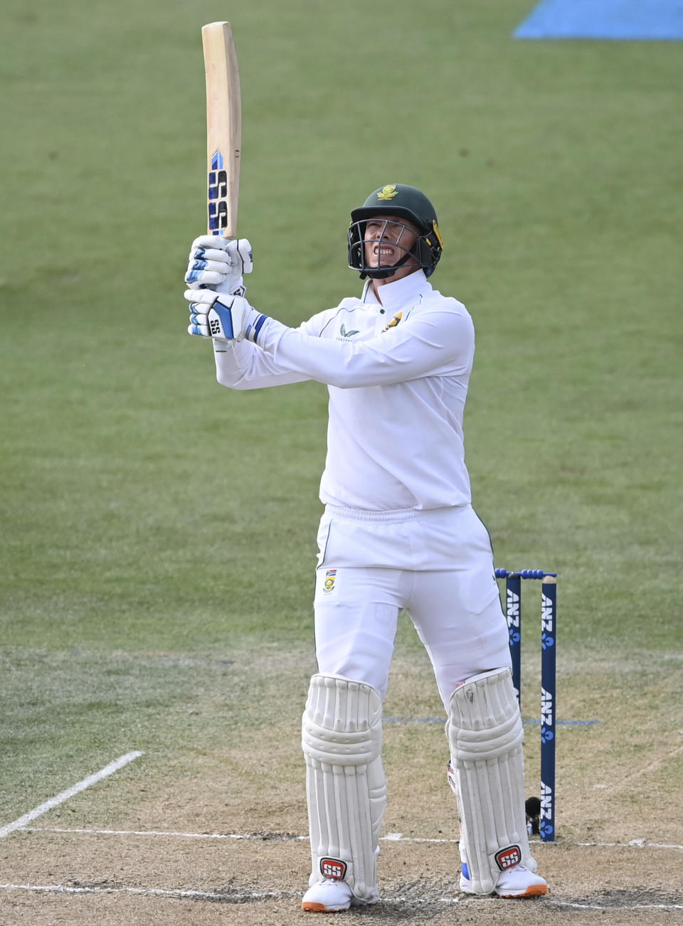 South Africa's Rassie van der Dussen hits the ball and is caught by Neil Wagner during play on day three of the second cricket test between South Africa and New Zealand at Hagley Oval in Christchurch, New Zealand, Sunday Feb. 27, 2022.(Andrew Cornaga/Photosport via AP)