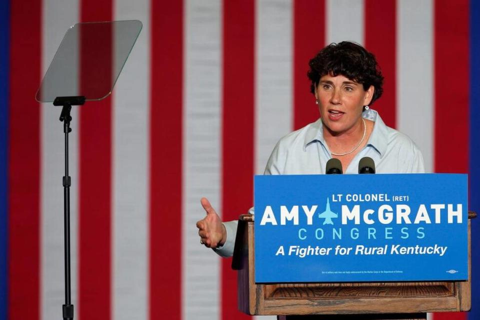 6th Congressional District Democratic candidate Amy McGrath spoke as she and former Vice President Joe Biden appeared Friday afternoon at a fish fry held in the Bath County High School gymnasium in Owingsville, Ky. Biden was campaigning for McGrath, who is running against Republican incumbent U.S. Rep. Andy Barr.