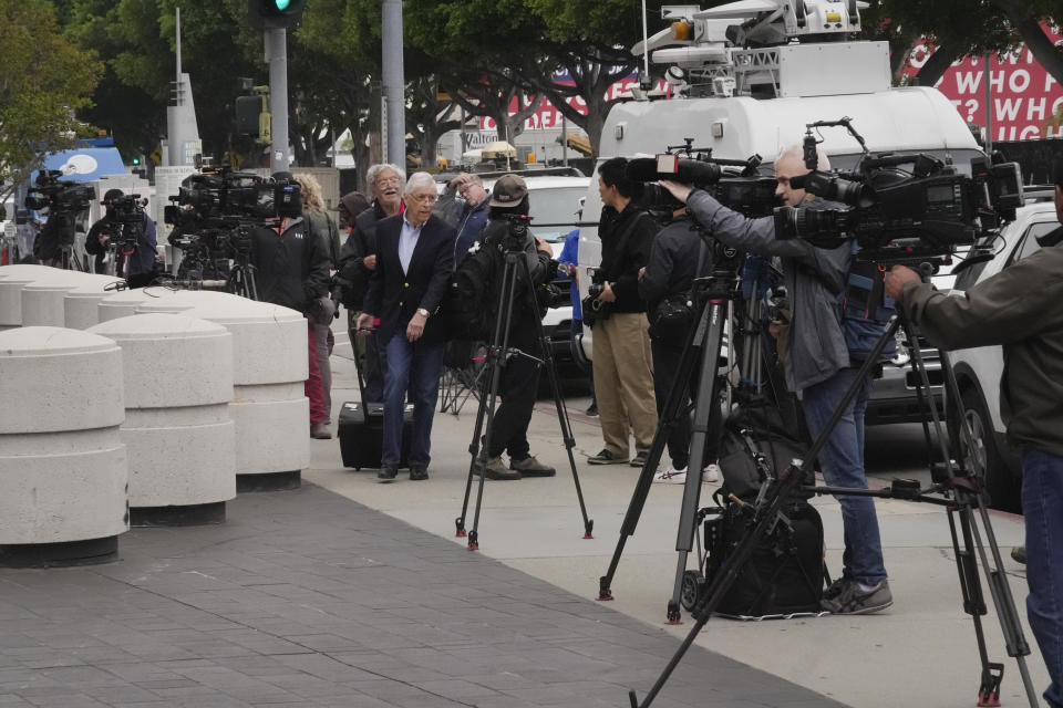 News crews line up outside federal court for Ippei Mizuhara, the former longtime interpreter for Los Angeles Dodgers star Shohei Ohtani, Friday, April 12, 2024, in Los Angeles. Mizuhara is charged with federal bank fraud, alleging that he stole more than $16 million from the Japanese sensation to cover gambling bets and debts, federal authorities said. (AP Photo/Damian Dovarganes)