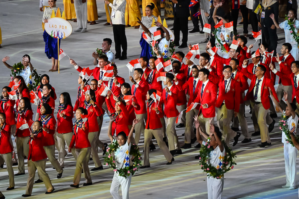 The Singapore contingent at 2023 SEA Games opening ceremony in Phnom Penh, Cambodia. (PHOTO: SNOC/Andy Chua)