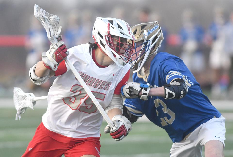 Elliott Morgan of Canandaigua tries to drive on Drew Pagano of Schroeder in the first half on April 5, 2022.