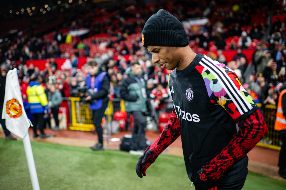 MANCHESTER, ENGLAND - DECEMBER 6:   Marcus Rashford of Manchester United warms up prior to the Premier League match between Manchester United and Chelsea FC at Old Trafford on December 6, 2023 in Manchester, United Kingdom. (Photo by Ash Donelon/Manchester United via Getty Images)