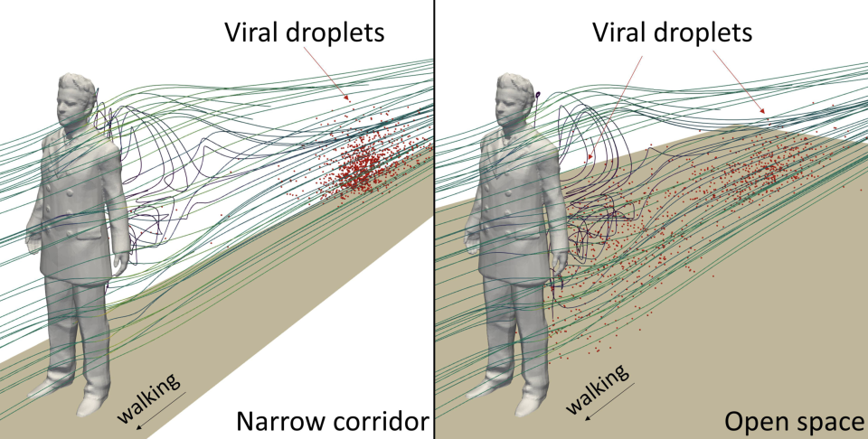 Scientists from the American Institute of Physics in Maryland used computer simulations to predict how coronavirus-laden droplets disperse through a narrow corridor compared to an open space. (Physics of Fluids)