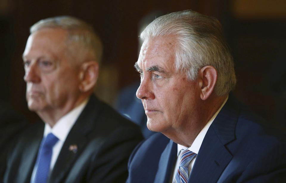 U.S. Secretary of State Rex Tillerson, right, and U.S. Secretary of Defense Jim Mattis. (Mark Metcalfe/Pool Photo via AP)