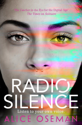 A woman with rainbow lights reflecting across her face with the text Radio Silence in white across the cover