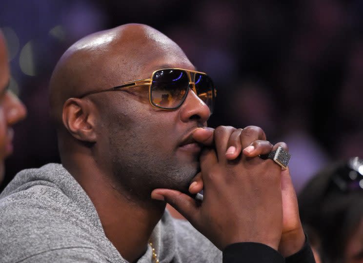 Lamar Odom returned to the Staples Center as a guest of Kobe Bryant in March 2016. (AP)