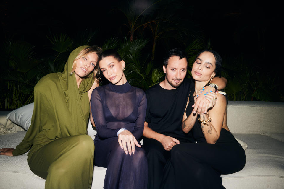 Anja Rubik, Hailey Bieber, Anthony Vacarello and Zoe Kravitz at the 'Sex' Saint Laurent x Madonna party.