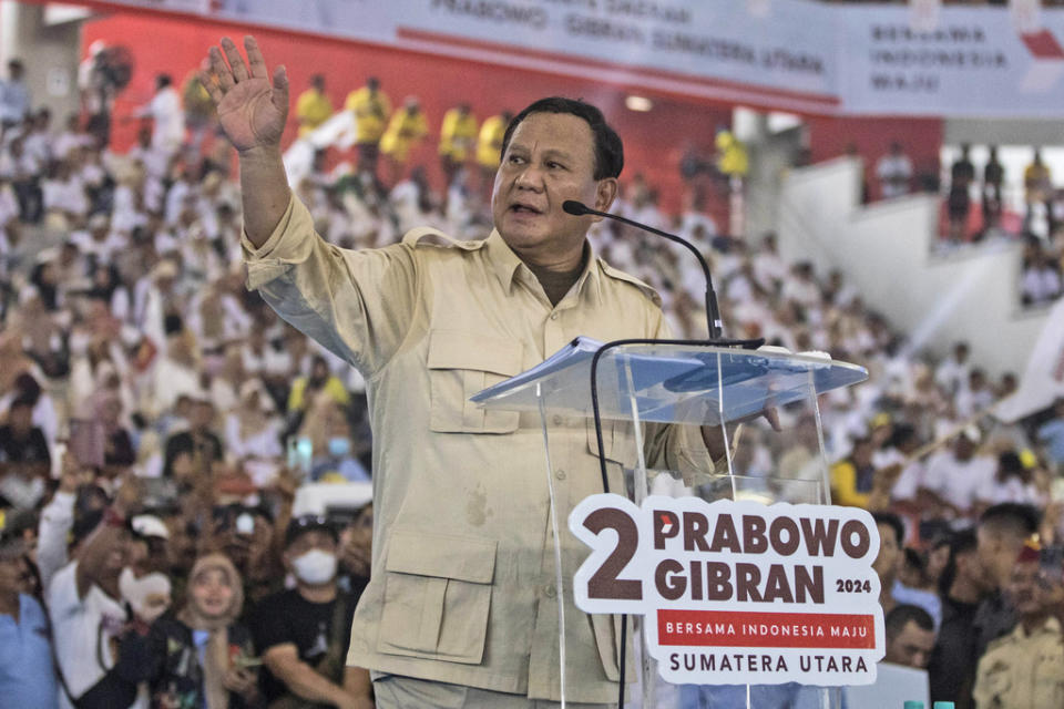Presidential candidate Prabowo Subianto delivers a speech during a campaign rally in Medan, North Sumatra, Indonesia, Jan. 13, 2024.<span class="copyright">Binsar Bakkara—AP</span>