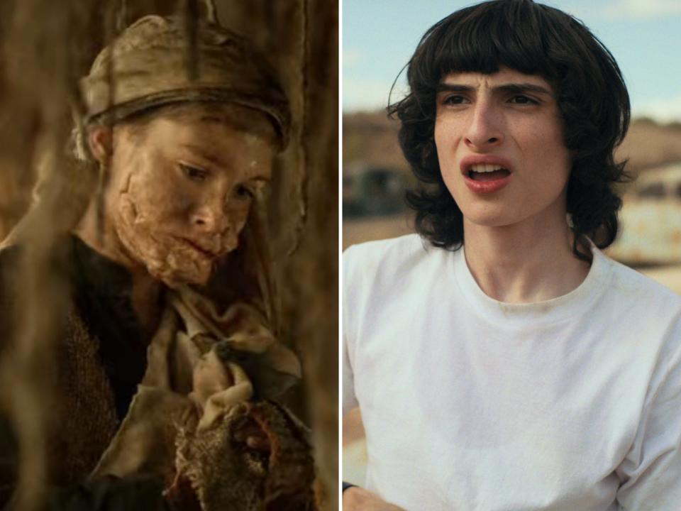 left: a young finn wolfhard on the 100, with makeup on his face to make it appear as if he has bumps across his jawline and cheeks. he's wearing a scarf on his head; right: an older, teenager finn wolfhard with long, shoulder length hair and bangs, looking with a puzzled expression on his face and wearing a white shirt