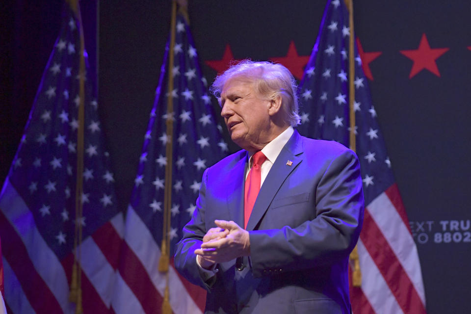 Former President Donald Trump speaks at a campaign event Monday, March 13, 2023, in Davenport, Iowa. (AP Photo/Ron Johnson)